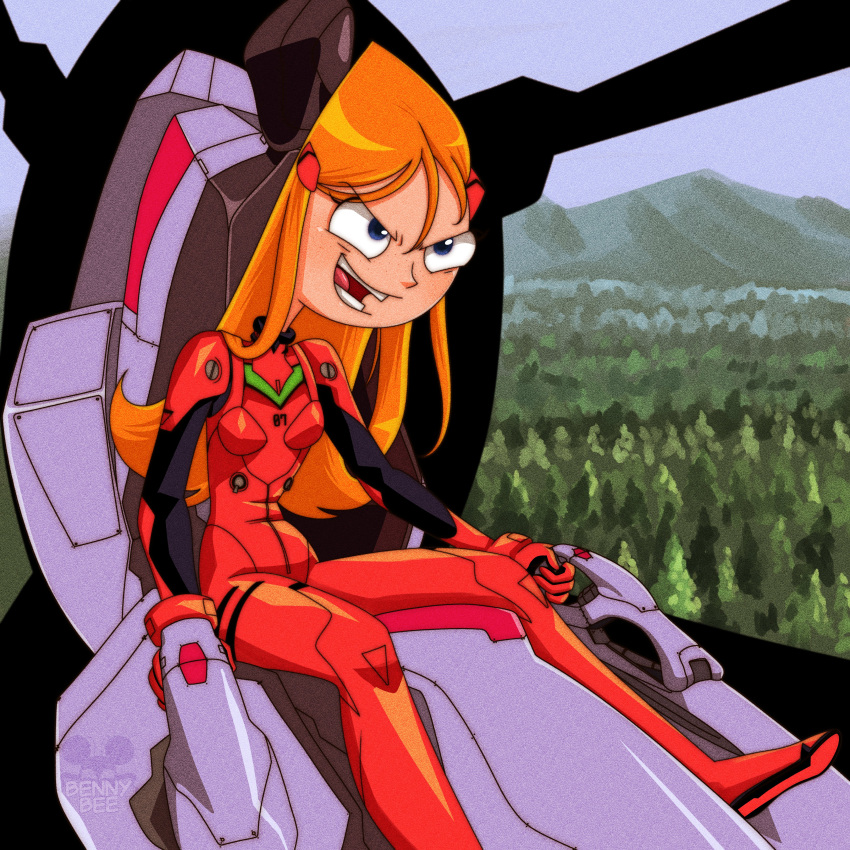 1girl, absurdres, angry, benny_bee, blue_eyes, candace_gertrude_flynn, cockpit, cosplay, eva_02, evangelion_(mecha), forest, highres, long_hair, mountain, mountainous_horizon, nature, neon_genesis_evangelion, orange_hair, phineas_and_ferb, plugsuit, smug, souryuu_asuka_langley, souryuu_asuka_langley_(cosplay), toon_(style)