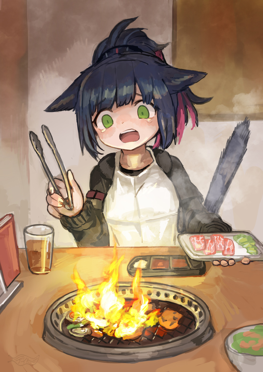 1girl, absurdres, animal_ears, arknights, black_hair, black_jacket, buchi0122, cat_ears