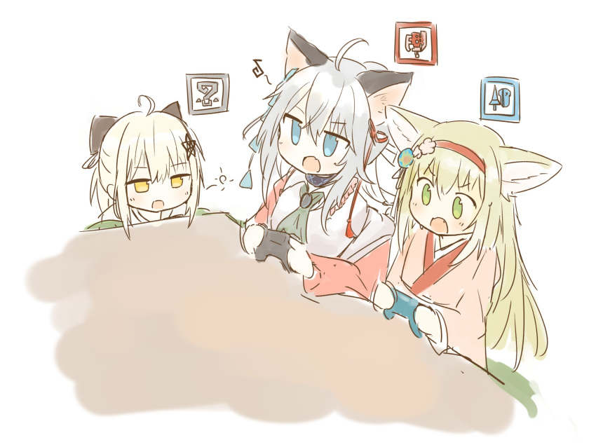 3girls, ahoge, arknights, blonde_hair, blue_eyes, blush, commentary_request, controller, fang, game_controller, green_eyes, grey_hair, hair_between_eyes, hairband, highres, holding, japanese_clothes, kimono, kotatsu, long_hair, long_sleeves, mint_(arknights), mint_(tsukiyoi)_(arknights), moon_sugar, multiple_girls, open_mouth, pink_kimono, playing_games, red_hairband, scene_(arknights), scene_(betsushi)_(arknights), shirt, sidelocks, simple_background, sketch, suzuran_(arknights), suzuran_(yukibare)_(arknights), table, v-shaped_eyebrows, very_long_hair, white_background, white_kimono, white_shirt, yellow_eyes