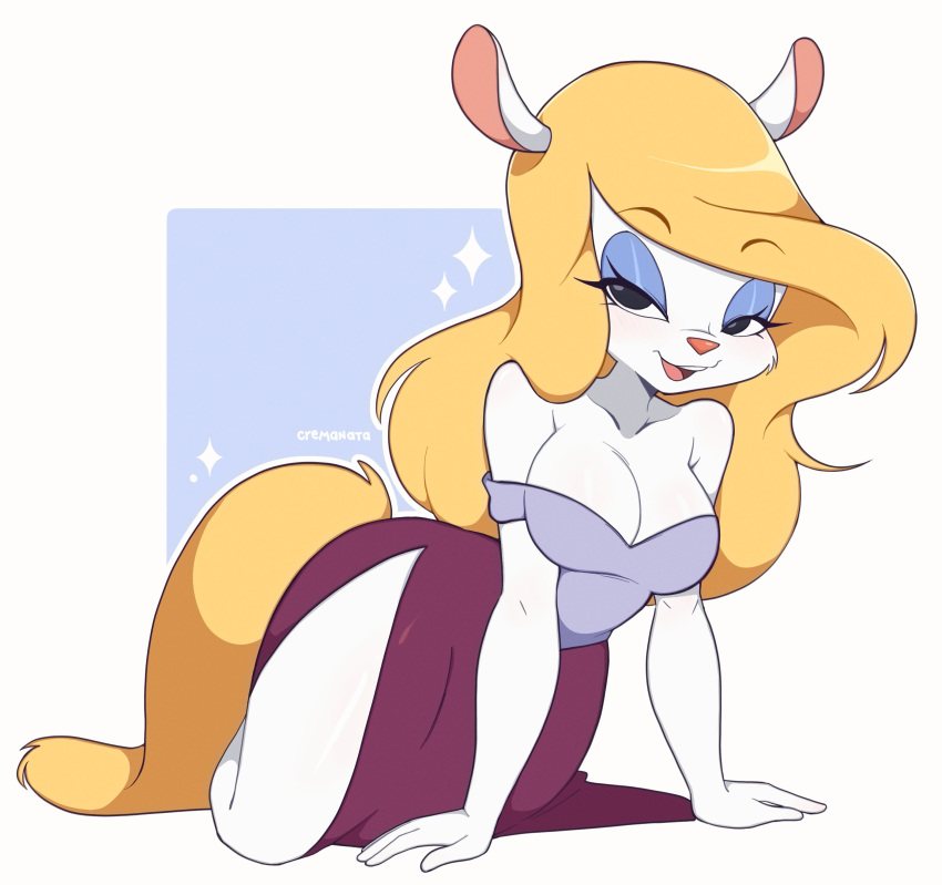 1girl, absurdres, animaniacs, artist_name, blonde_hair, cremanata, english_text, highres, lavender_shirt, long_hair, looking_at_viewer, minerva_mink, open_mouth, purple_skirt, side_slit, simple_background, skirt, teeth, upper_teeth_only