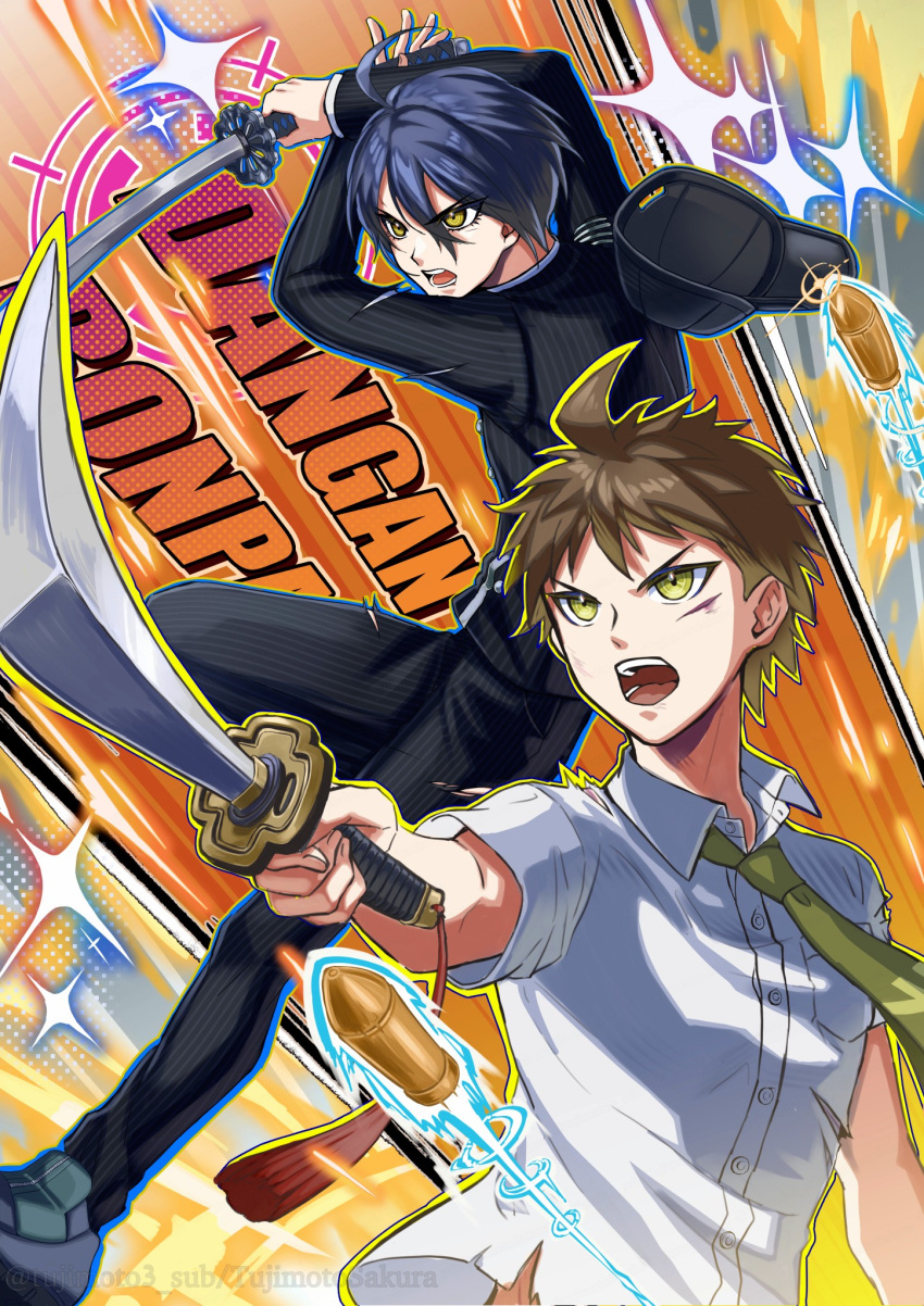 2boys, ahoge, black_jacket, black_pants, blue_hair, brown_hair, bullet, copyright_name