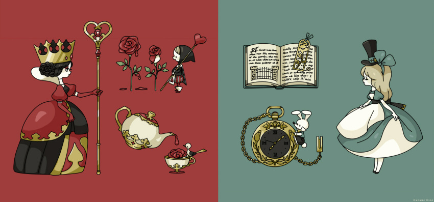2girls, alice_(alice_in_wonderland), alice_in_wonderland, bird, black_hair, blonde_hair, book, bookmark, closed_eyes, crown, cup, cursive, eyelashes, eyeshadow, flower, gloves, hat, makeup, multiple_girls, open_book, paint, pettyraps, pocket_watch, queen_of_hearts_(alice_in_wonderland), red_eyeshadow, red_gloves, rose, scepter, teacup, teapot, top_hat, two-tone_background, watch, white_rabbit_(alice_in_wonderland)