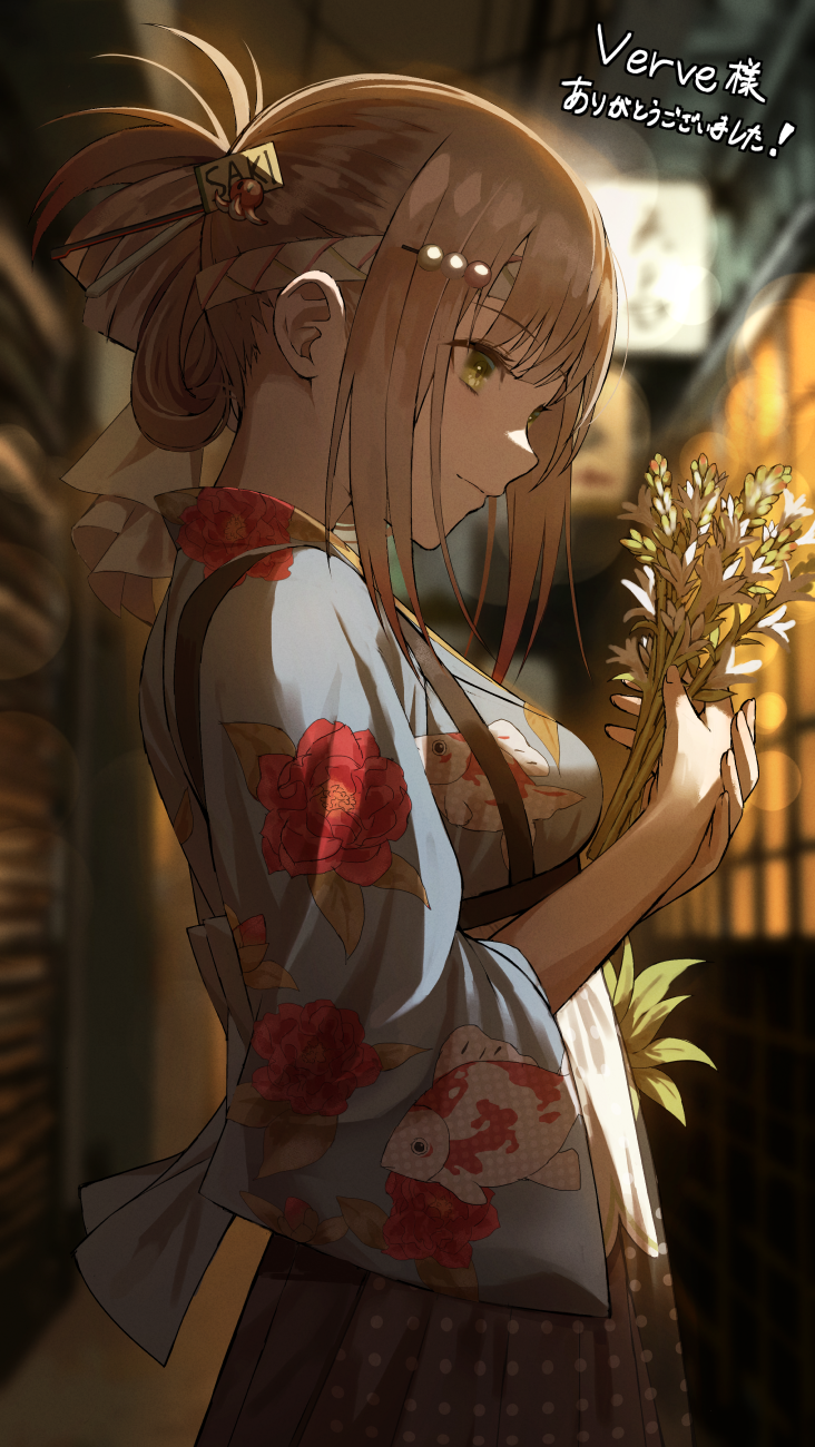 1girl, animal_print, blue_kimono, brown_hair, commission, cowboy_shot, fagi_(kakikaki), fish_print
