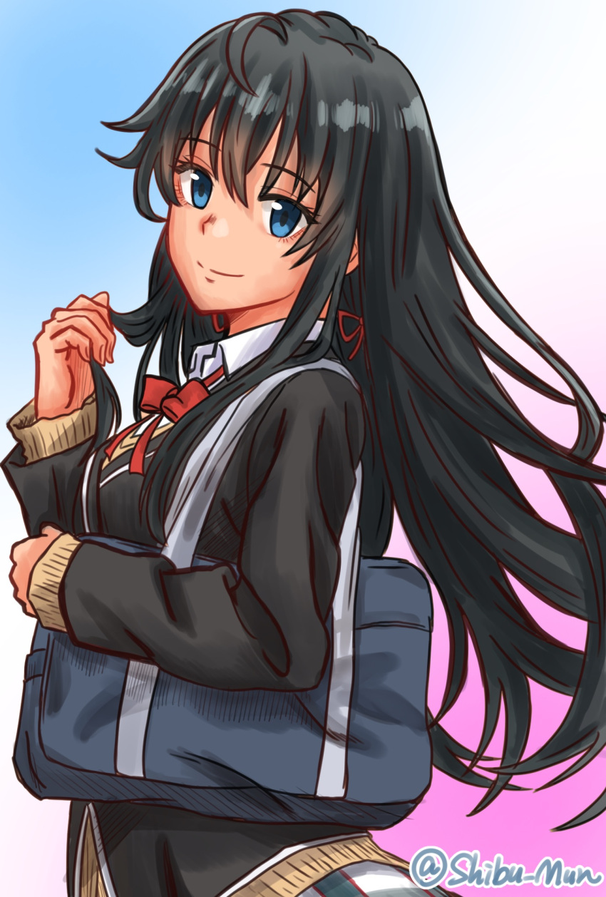 1girl, ahoge, artist_name, bag, black_hair, black_jacket, blazer, blue_background, blue_eyes, brown_cardigan, cardigan, closed_mouth, collared_shirt, commentary_request, gradient_background, hair_between_eyes, hair_ribbon, highres, holding, holding_hair, jacket, long_hair, long_sleeves, looking_at_viewer, munbato_(watari_megumi), neck_ribbon, pink_background, plaid, plaid_skirt, red_ribbon, ribbon, school_bag, school_uniform, shirt, sidelocks, skirt, smile, sobu_high_school_uniform, solo, standing, twitter_username, watermark, white_background, white_shirt, winter_uniform, yahari_ore_no_seishun_lovecome_wa_machigatteiru., yukinoshita_yukino