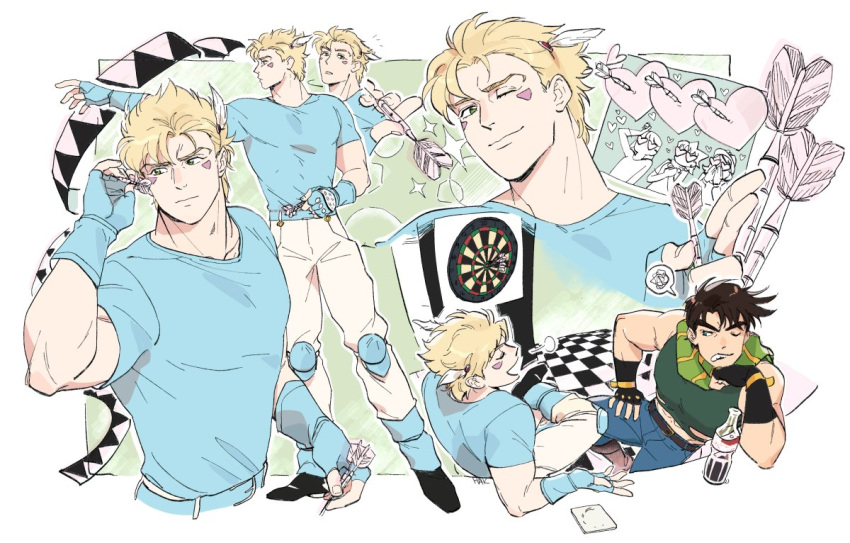 battle_tendency, blue_shirt, brown_hair, caesar_anthonio_zeppeli, checkered_floor, cola, dart, dartboard