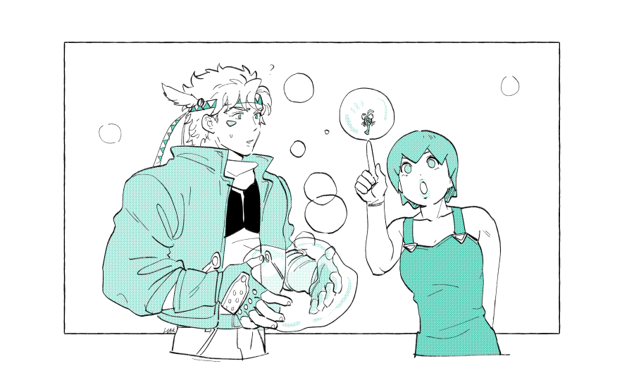 1boy, 1girl, battle_tendency, bubble, caesar_anthonio_zeppeli, facial_mark, feather_hair_ornament, feathers
