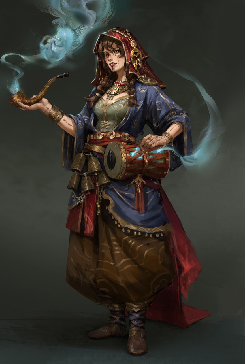 1girl, absurdres, bell, belt, blue_robe, boots, bracelet, braid, brown_footwear, brown_hair, cowbell, facepaint, highres, holding, holding_smoking_pipe, hood, jewelry, maisie, necklace, original, robe, simple_background, smoking_pipe, tattoo, twin_braids