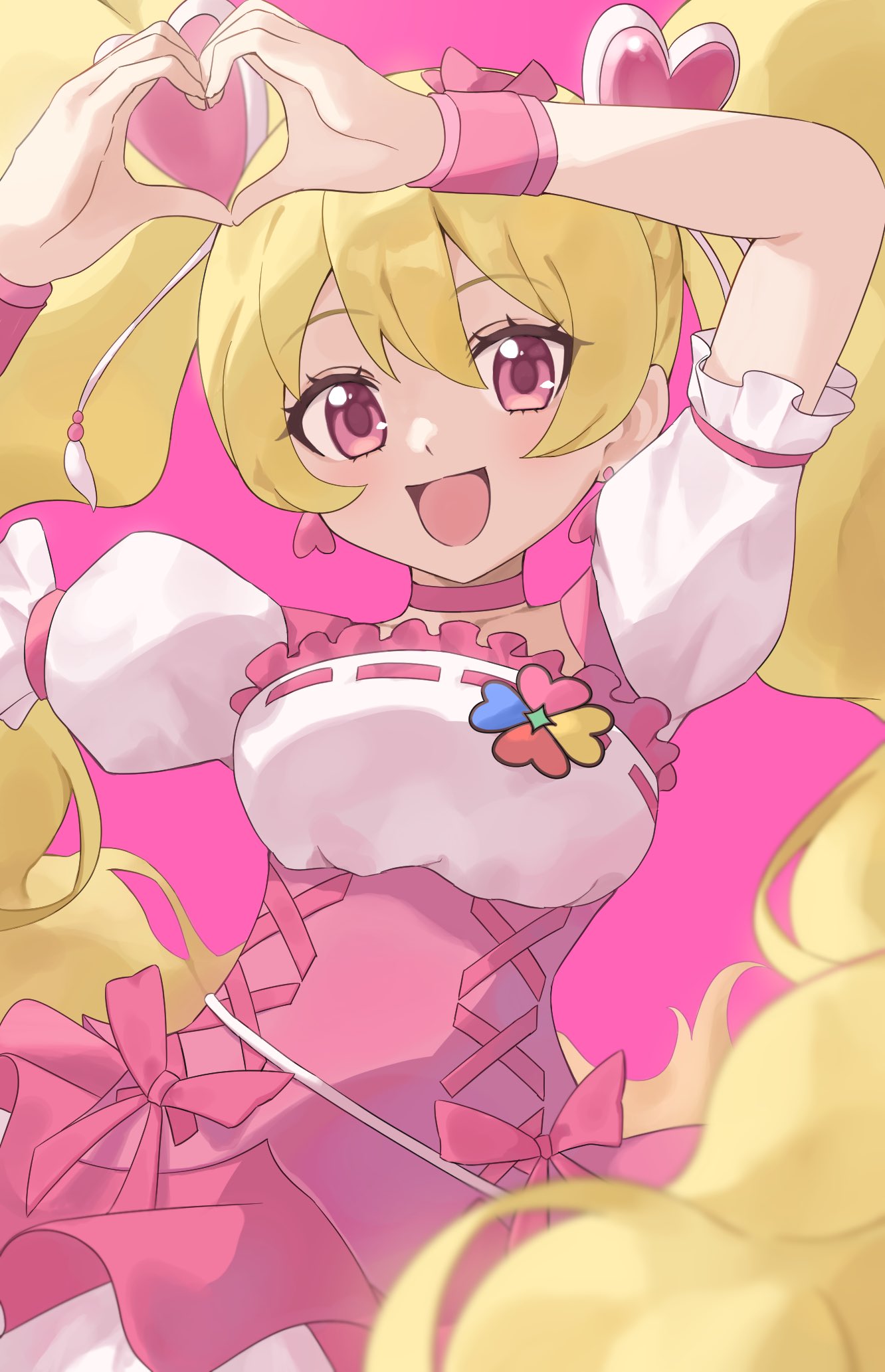 blonde_hair, blush, bow, breasts, brooch, choker, cure_peach, dress