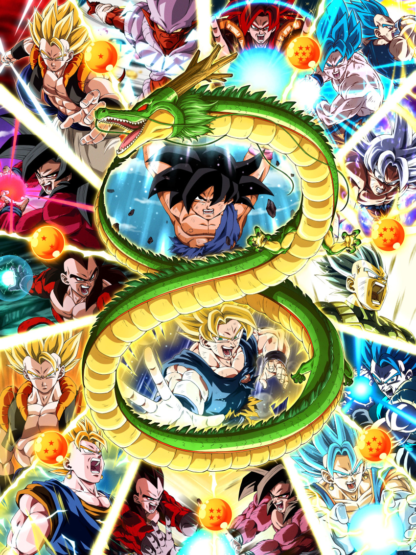 absurdres, aura, big_bang_kamehameha, black_hair, blue_eyes, dougi, dragon_ball, dragon_ball_(object)