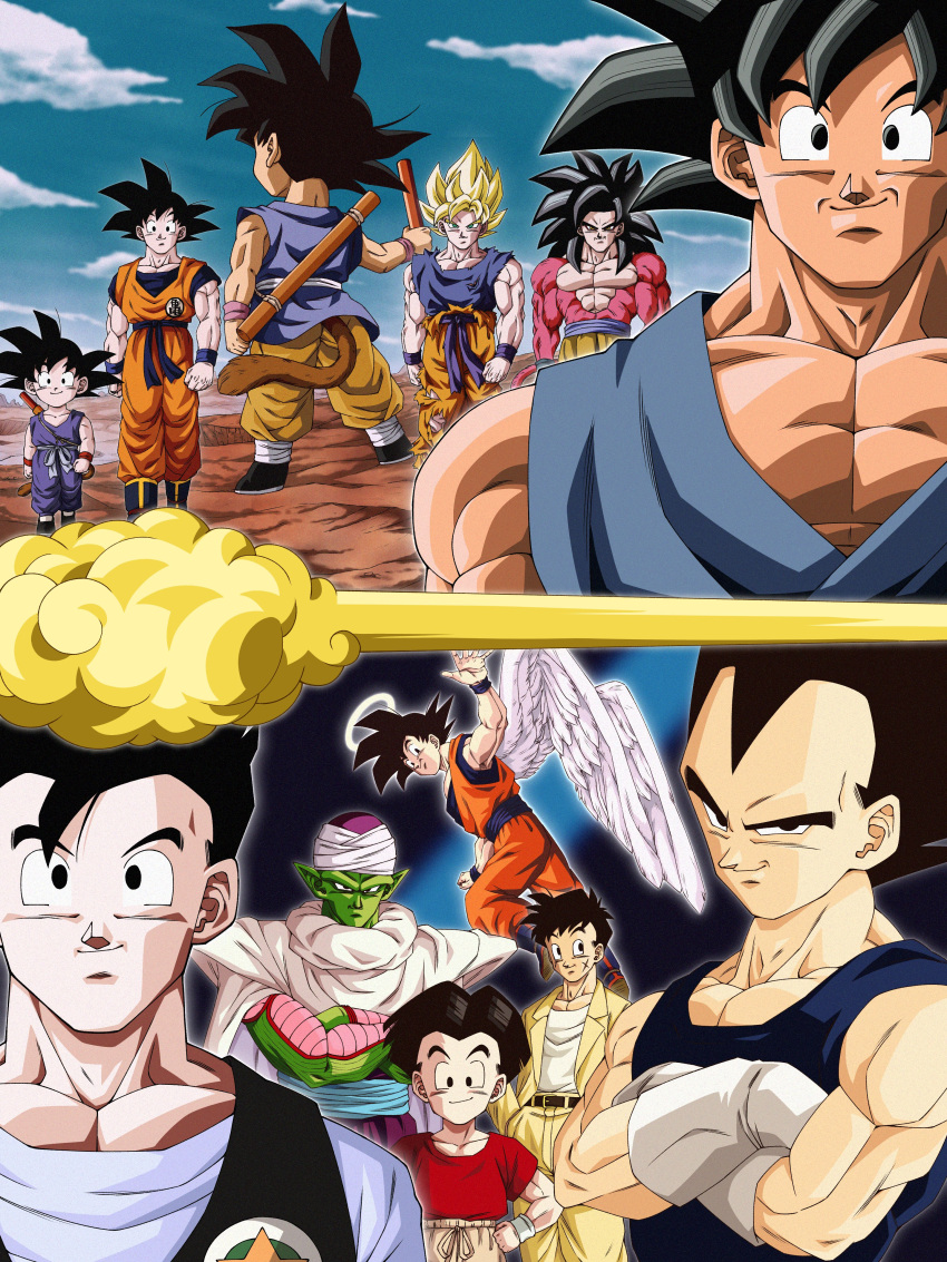 absurdres, black_hair, blonde_hair, dougi, dragon_ball, dragon_ball_(classic), dragon_ball_gt, dragon_ball_z, dragon_ball_z_dokkan_battle, flying_nimbus, gloves, highres, kuririn, looking_at_viewer, male_focus, monkey_boy, monkey_tail, multiple_boys, muscular, muscular_male, pants, piccolo, shirt, smile, son_gohan, son_goku, spiky_hair, super_saiyan, super_saiyan_4, tail, tan, vegeta, wai_(y48754085), white_gloves, yamcha