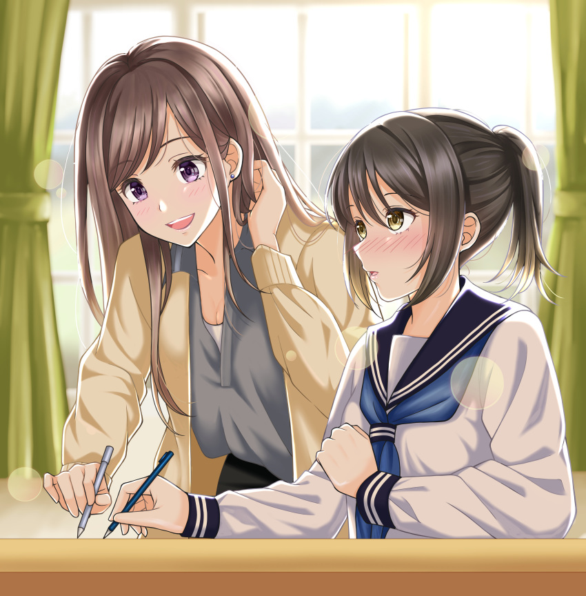 2girls, absurdres, adjusting_hair, awazake_(2wairu), black_skirt, blue_neckerchief, blue_sailor_collar, blurry