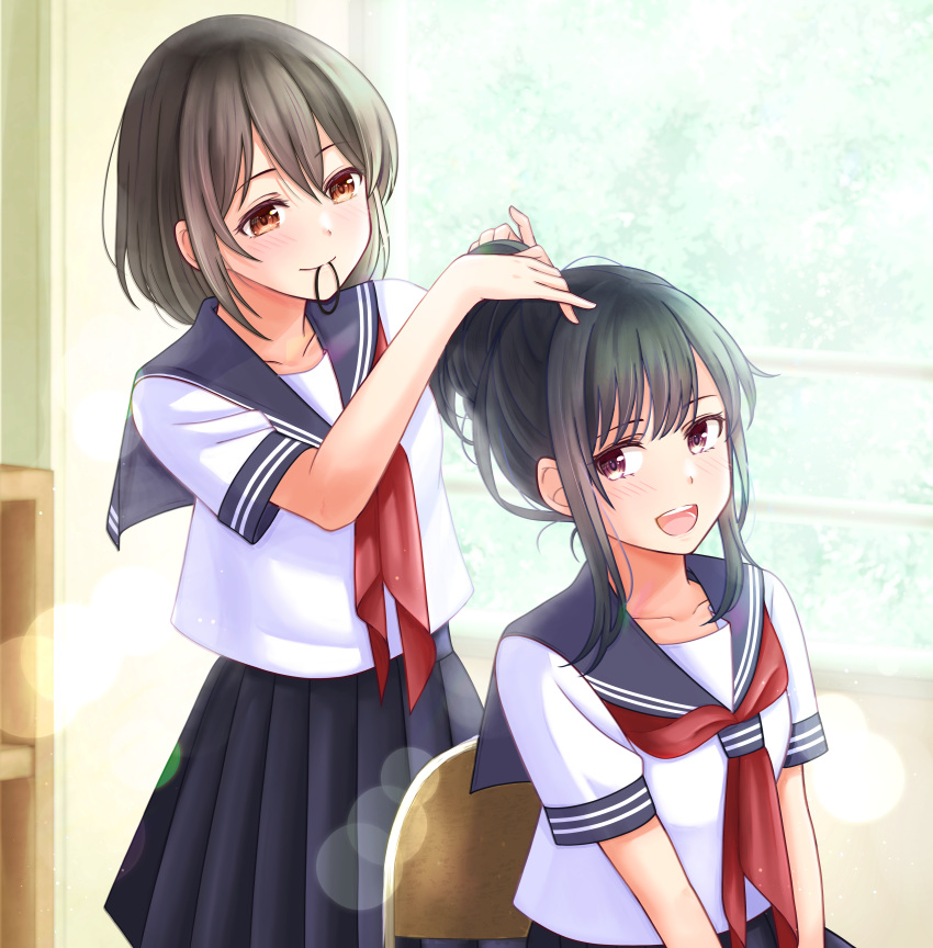 2girls, absurdres, awazake_(2wairu), black_hair, blue_sailor_collar, blue_skirt, blurry, blurry_background