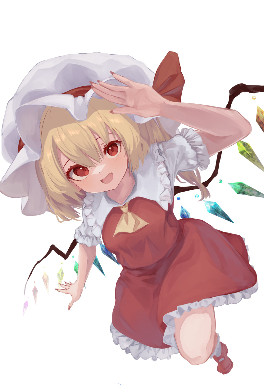 1girl, :d, absurdres, ascot, blonde_hair, commentary, crystal, flandre_scarlet