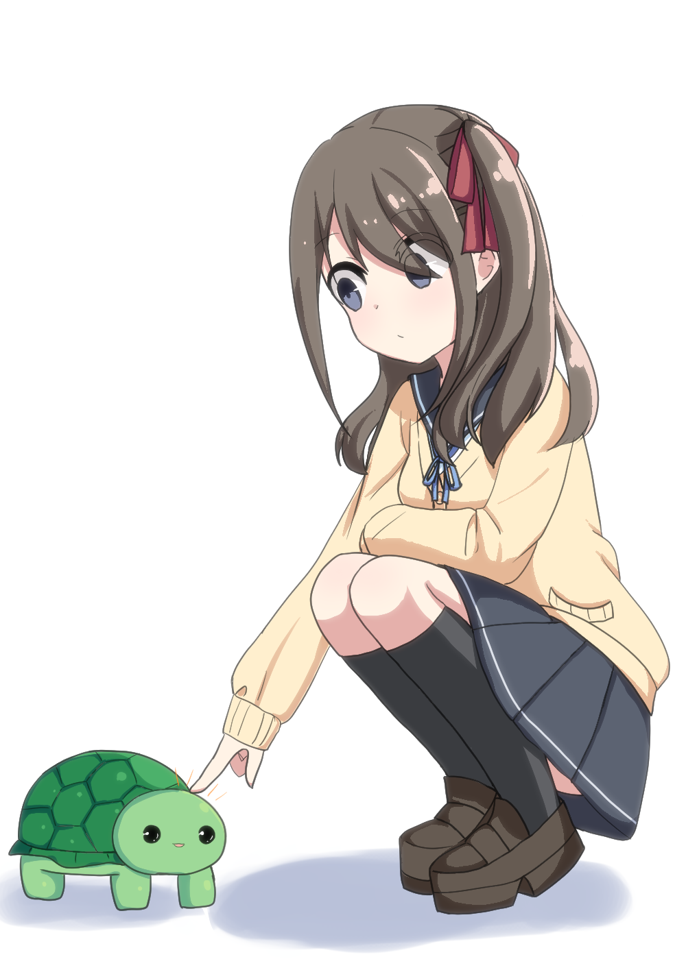 1girl, black_socks, blue_eyes, blue_skirt, brown_footwear, brown_hair, cardigan, hair_between_eyes