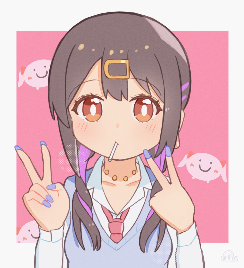 1girl, black_hair, blue_nails, blue_vest, brown_eyes, c:, candy, collarbone