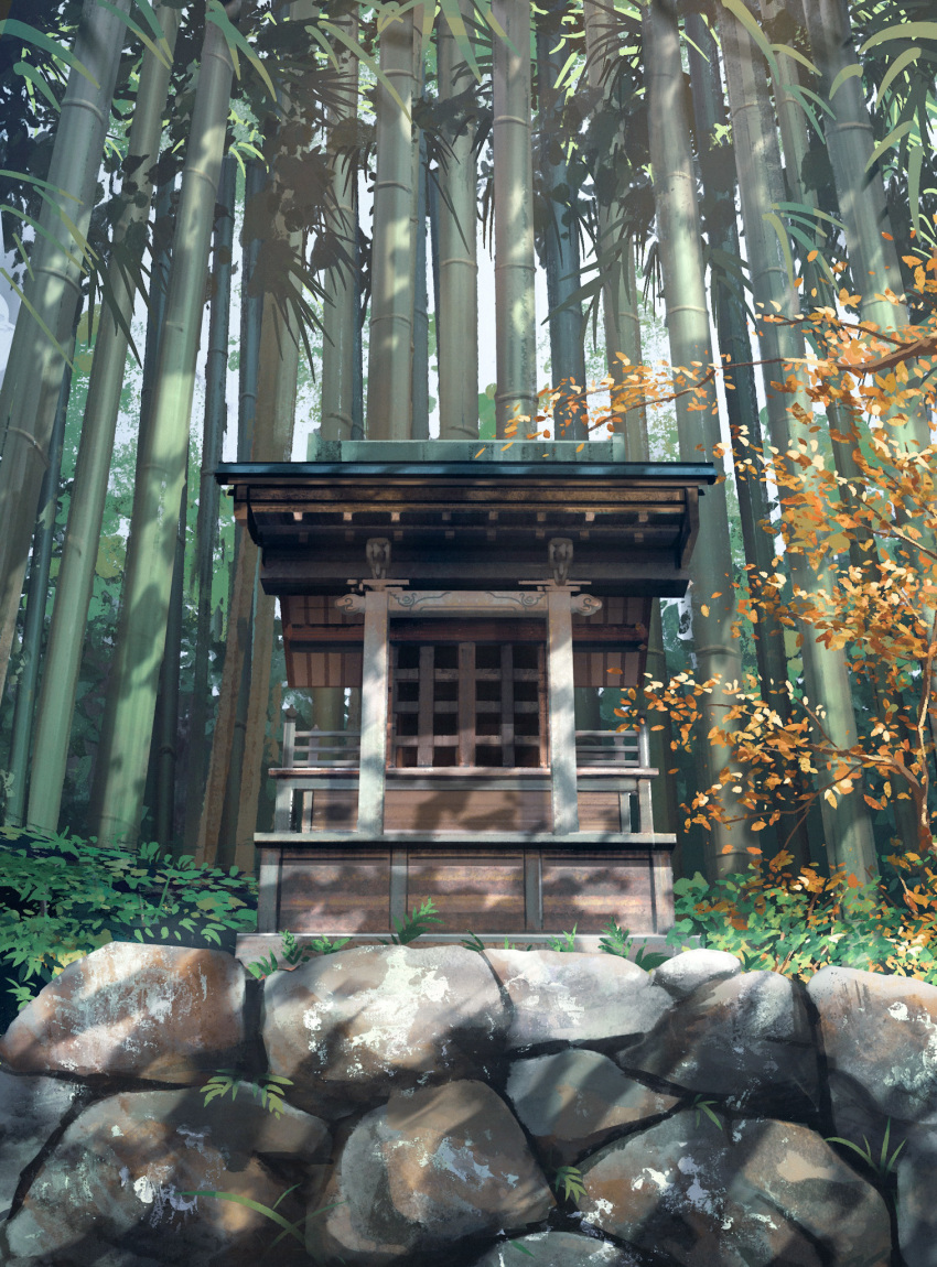 architecture, bamboo, east_asian_architecture, highres, japan, nature, original, outdoors, plant, rajawat, rock, shrine, stone_wall, tree, wall