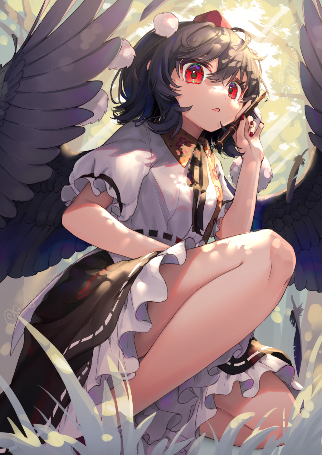 1girl, black_hair, black_ribbon, black_skirt, black_wings, dappled_sunlight, day, feathered_wings
