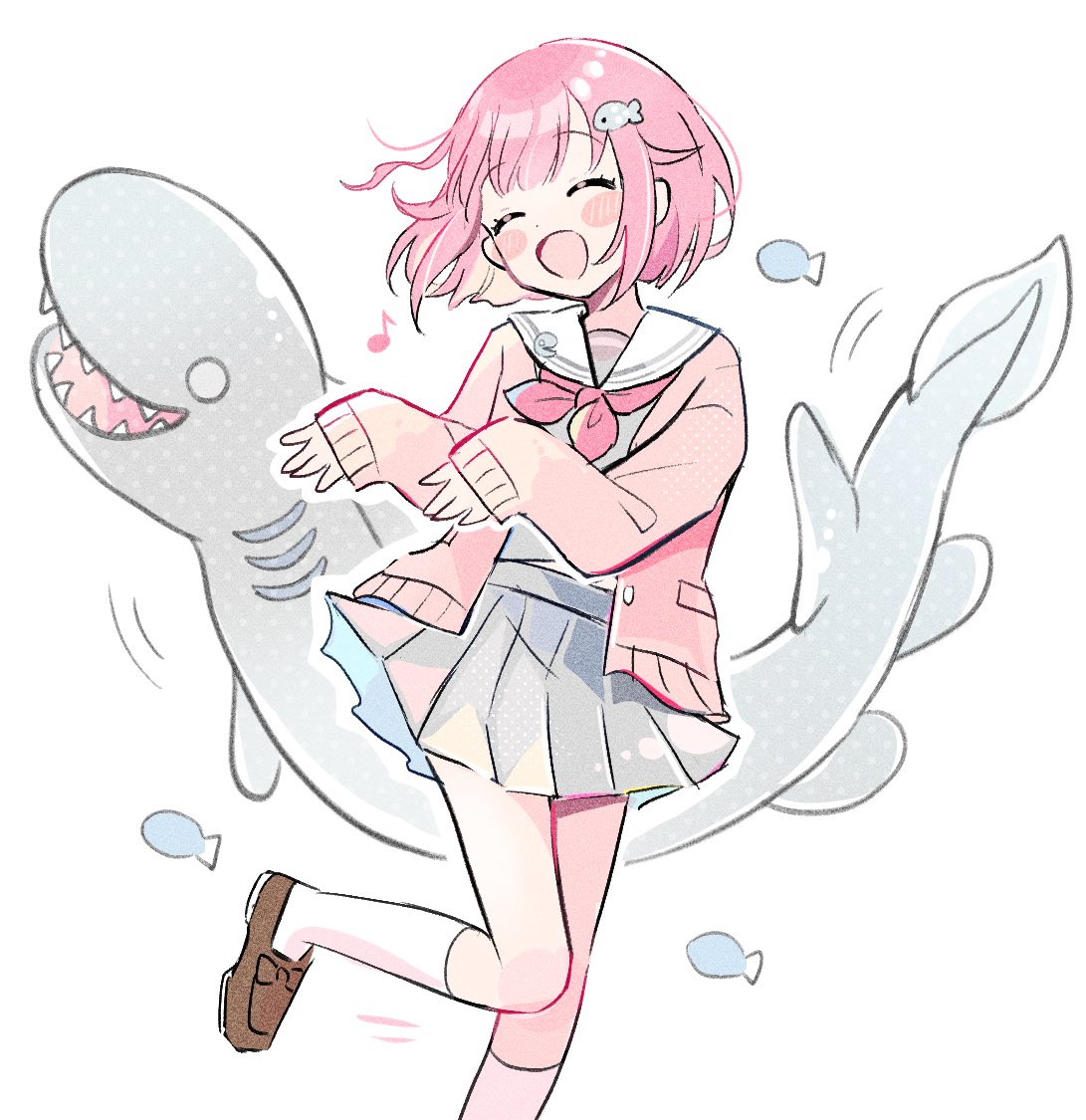 1girl, animal, blush, bob_cut, brown_footwear, cardigan, closed_eyes, commentary_request