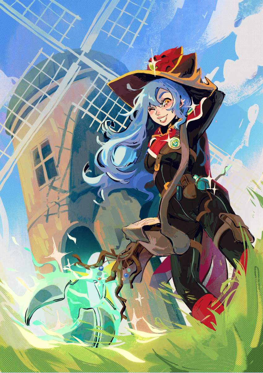 1girl, absurdres, bag, belt_pouch, blue_hair, bodysuit, clouds, commission