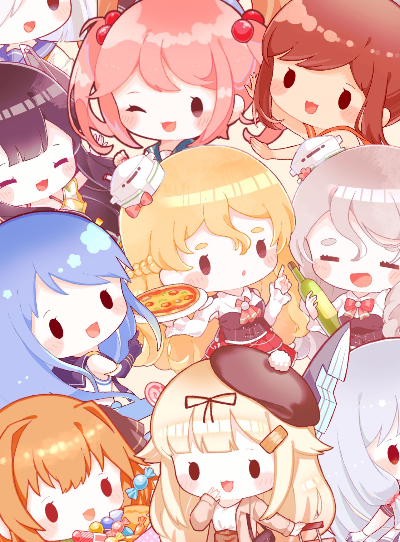 6+girls, bag, bikini, black_hair, black_headwear, blonde_hair, blue_hair, blue_sailor_collar