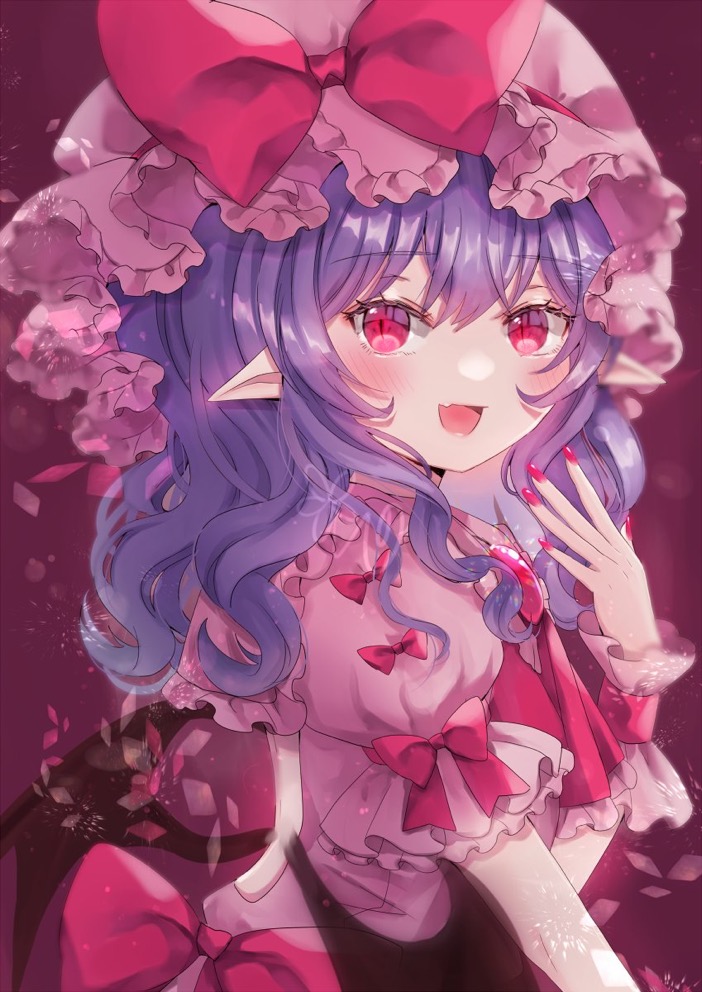 ascot, bat_wings, bow, brooch, collared_shirt, embodiment_of_scarlet_devil, fang, frilled_shirt_collar