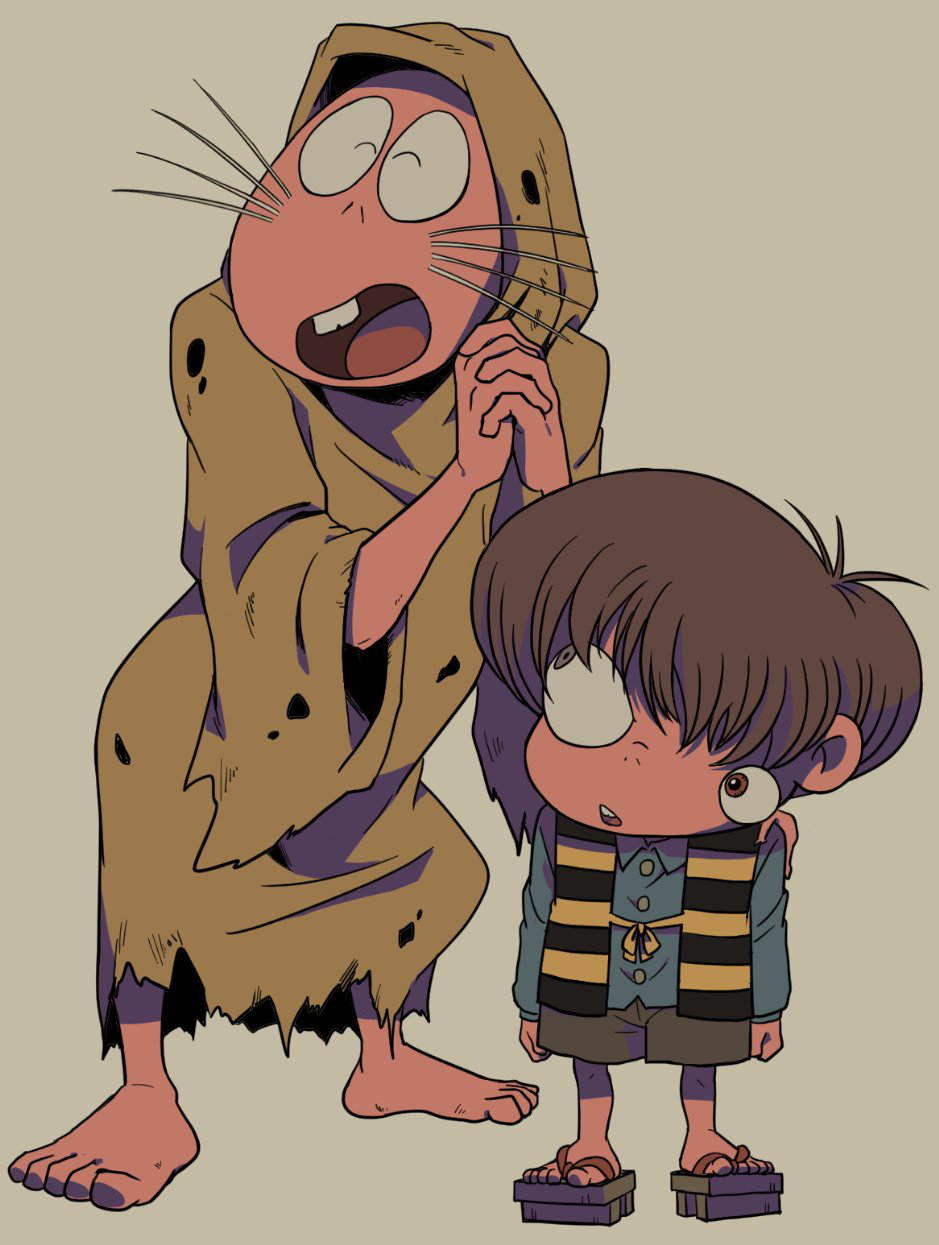 3boys, barefoot, brown_hair, eyeball, father_and_son, gegege_no_kitarou, hair_over_one_eye, hakaba_kitarou