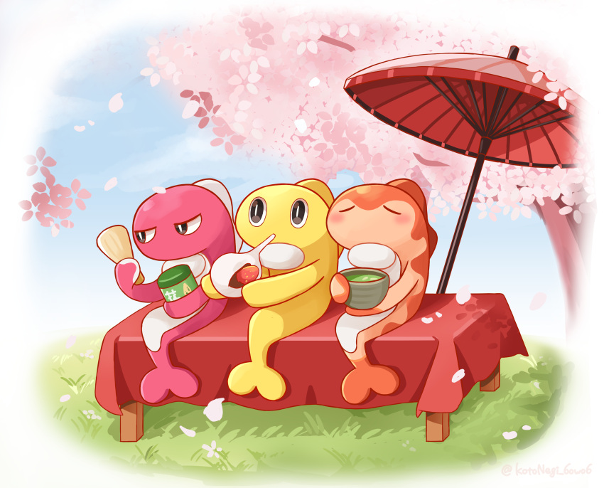 absurdres, artist_name, blue_sky, blush, bright_pupils, brown_eyes, cherry_blossoms, closed_eyes, clouds, commentary_request, cup, daifuku, day, eating, falling_petals, food, grass, green_tea, highres, holding, holding_cup, holding_food, ichigo_daifuku, jar, jitome, kotonegi_6owo6, mochi, mochi_trail, no_humans, oil-paper_umbrella, outdoors, petals, pokemon, pokemon_(creature), red_umbrella, sitting, sitting_on_table, sky, table, tablecloth, tatsugiri, tatsugiri_(curly), tatsugiri_(droopy), tatsugiri_(stretchy), tea, tree, twitter_username, umbrella, wagashi, white_pupils, yunomi