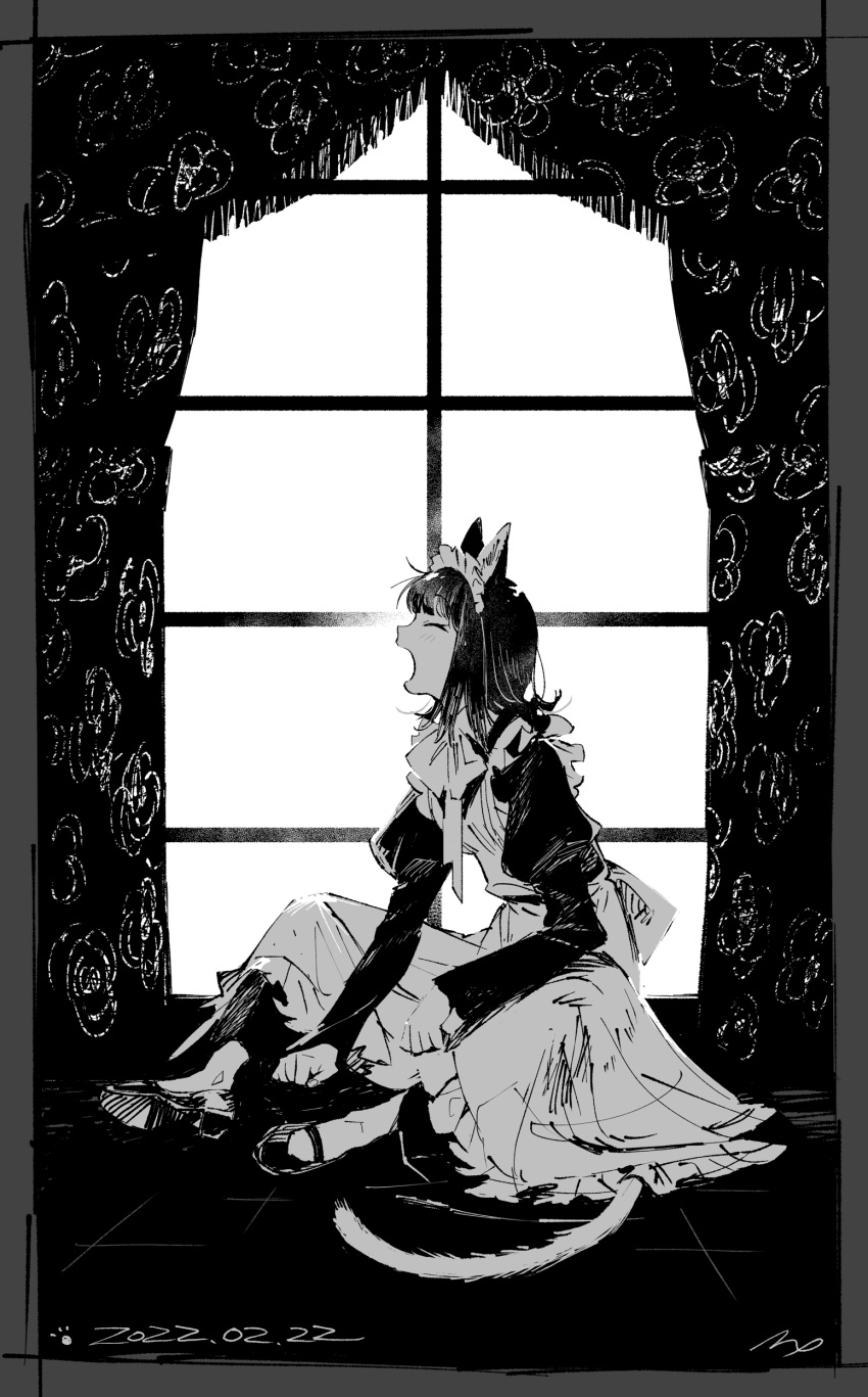 1girl, ^_^, absurdres, animal_ear_fluff, animal_ears, apron, backlighting, blunt_bangs
