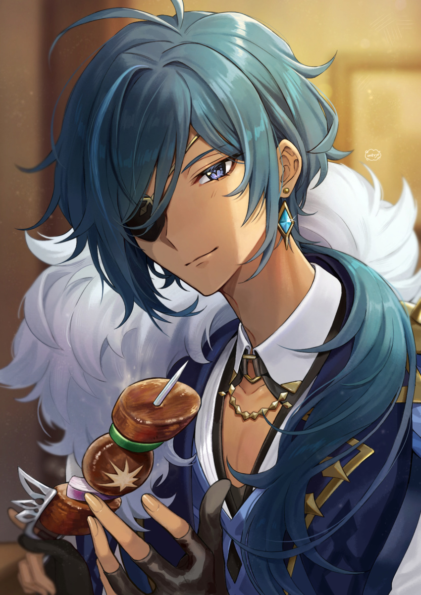 +_+, 1boy, antenna_hair, artist_name, black_gloves, blue_eyes, blue_hair, blue_vest