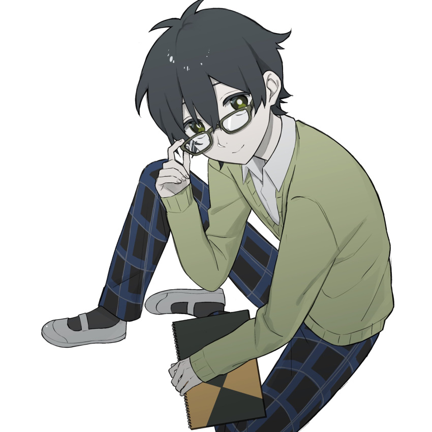 1boy, adjusting_eyewear, b_(bgoldmole), bespectacled, black_hair, black_pants, black_socks, blue_pants, bright_pupils, cardigan, closed_mouth, collared_shirt, commentary, fingernails, full_body, glasses, green_cardigan, green_eyes, grey-framed_eyewear, grey_footwear, hair_between_eyes, hand_up, head_tilt, highres, holding, holding_sketchbook, kagerou_project, kokonose_haruka, long_bangs, long_sleeves, looking_at_viewer, male_focus, multicolored_pants, pants, plaid, plaid_pants, school_uniform, shirt, shoes, short_hair, simple_background, sitting, sketchbook, smile, socks, solo, uwabaki, white_background, white_pupils, white_shirt