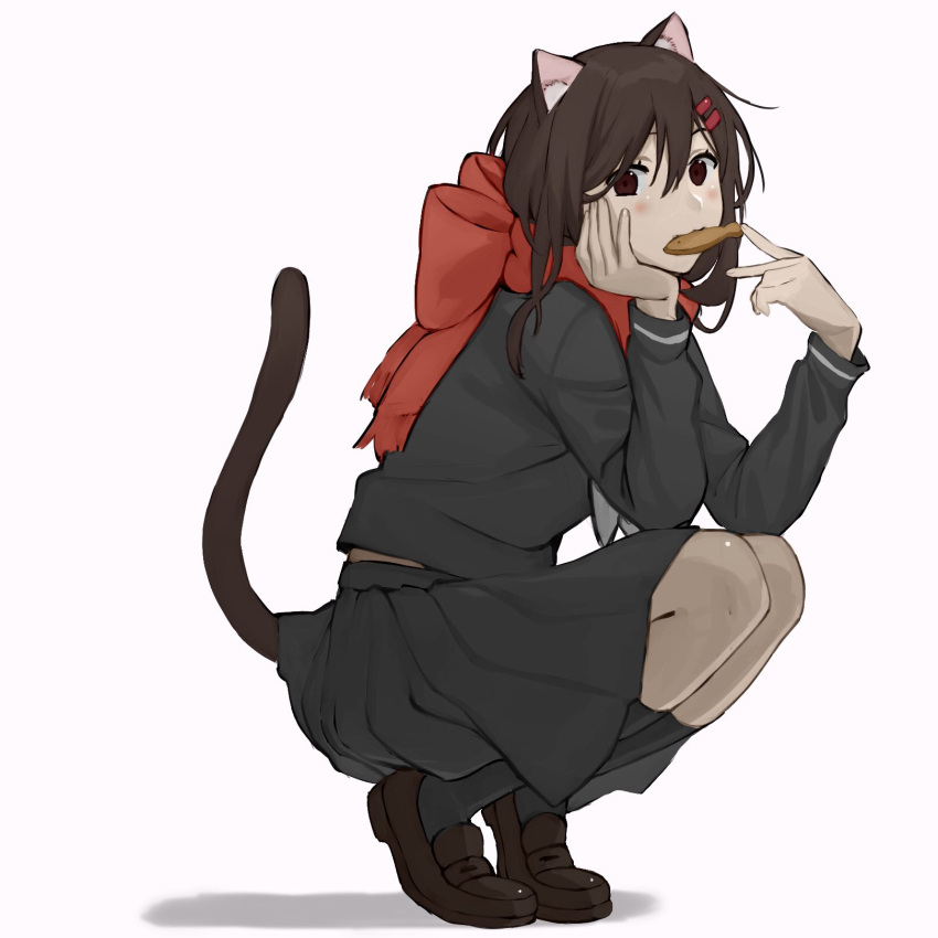 1girl, animal_ears, b_(bgoldmole), black_eyes, black_serafuku, black_skirt, black_socks, bow, brown_footwear, brown_hair, cat_ears, cookie, enpera, food, food_in_mouth, from_side, full_body, hair_between_eyes, hair_ornament, hairclip, hand_on_own_cheek, hand_on_own_face, highres, kagerou_project, kneehighs, loafers, long_bangs, long_hair, long_sleeves, looking_to_the_side, mekakucity_actors, mouth_hold, pleated_skirt, red_bow, red_scarf, scarf, school_uniform, serafuku, shadow, shoes, simple_background, single_stripe, skirt, socks, solo, squatting, tateyama_ayano, tiptoes, white_background, white_stripes