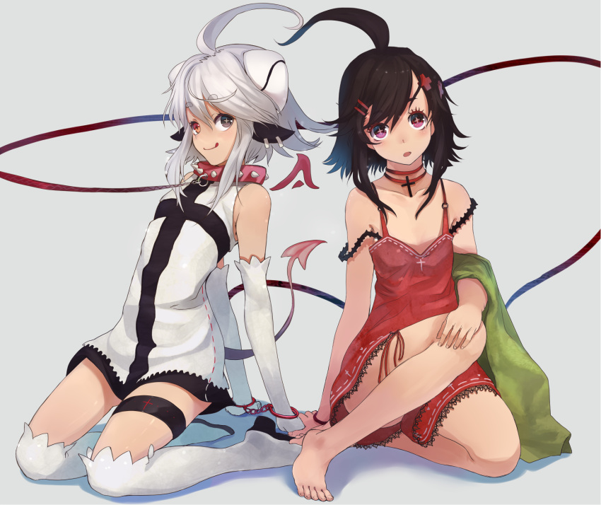 2girls, barefoot, bdsm, black_hair, bondage, boots, choker, collar, cross, cuffs, dress, elbow_gloves, face, gloves, hair_ornament, hairclip, handcuffs, heterochromia, highres, kiko_(siting_zeng), kneeling, koki_(siting_zeng), leash, multiple_girls, original, red_eyes, shirabi_(life-is-free), sitting, slave, tail, thigh-highs, thigh_boots, thighhighs, white_hair