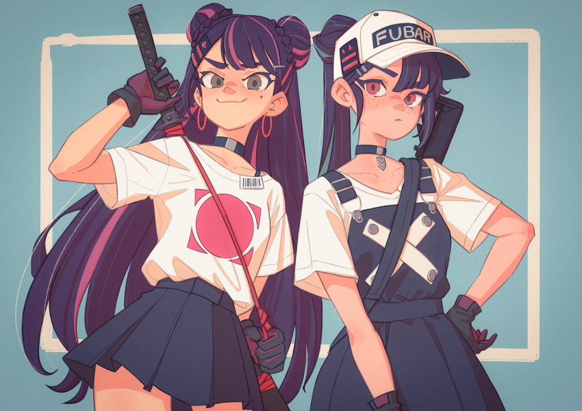 2girls, barcode, baseball_cap, black_gloves, black_hair, black_skirt, blue_background, border, brown_eyes, choker, collarbone, cowboy_shot, double_bun, e503com, earrings, gloves, hair_bun, hand_on_hip, hat, high_ponytail, highres, holding, holding_sword, holding_weapon, holster, hoop_earrings, jewelry, long_hair, looking_at_viewer, mole, mole_under_eye, multiple_girls, original, pleated_skirt, ponytail, red_eyes, sheath, sheathed, shirt, sidelocks, simple_background, skirt, smile, sword, thick_eyebrows, twintails, weapon, white_border, white_shirt
