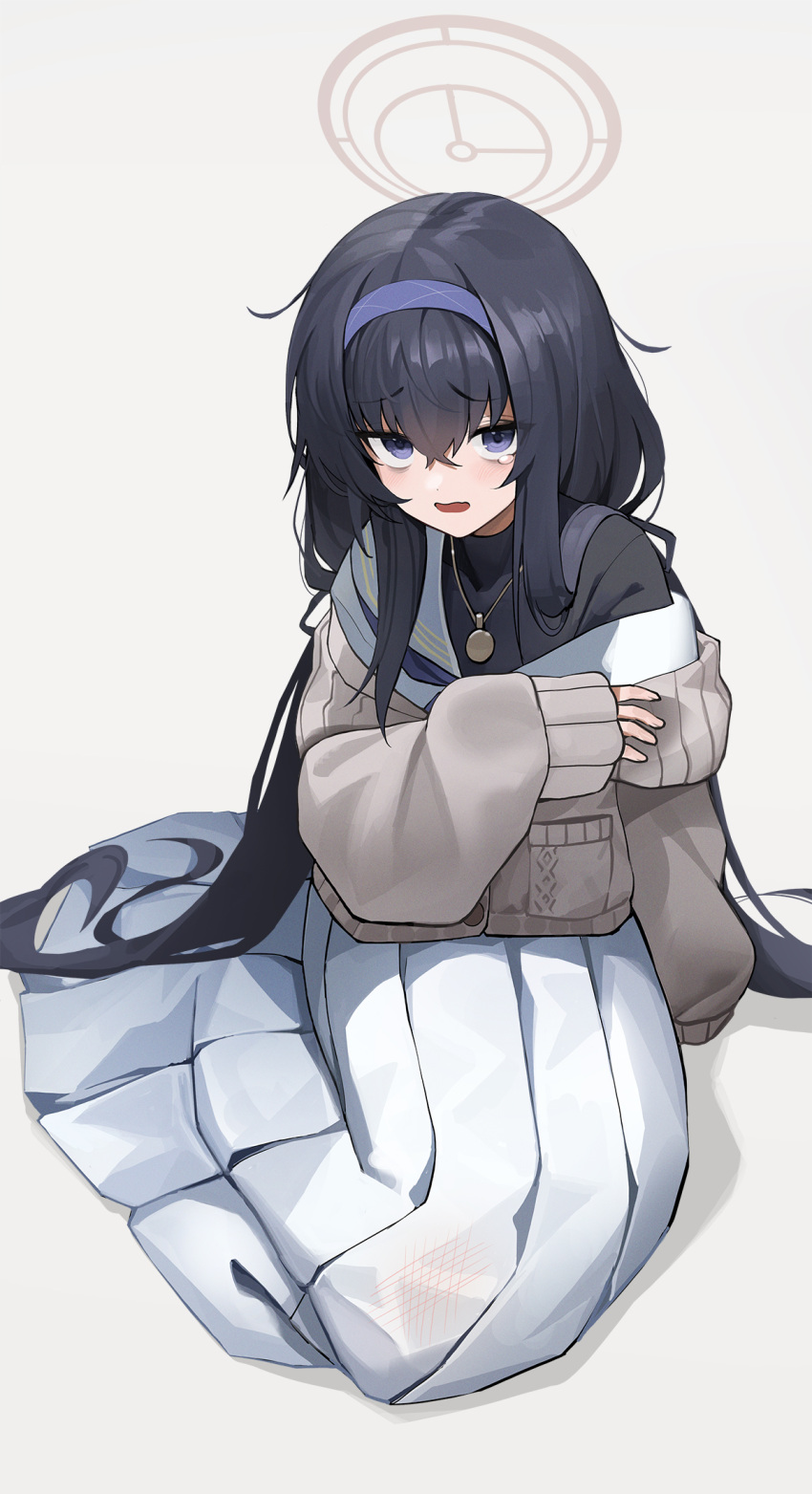 1girl, :o, black_eyes, black_hair, blue_archive, commentary_request, eyes_visible_through_hair, hair_between_eyes
