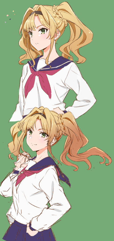 blonde_hair, blue_sailor_collar, blue_skirt, braid, floating_hair, granblue_fantasy, green_background, green_eyes, ryuu-tan_(miuron), sailor_collar, school_uniform, serafuku, shirt, simple_background, skirt, smile, solo, twintails, wavy_hair, white_shirt, zeta_(granblue_fantasy)