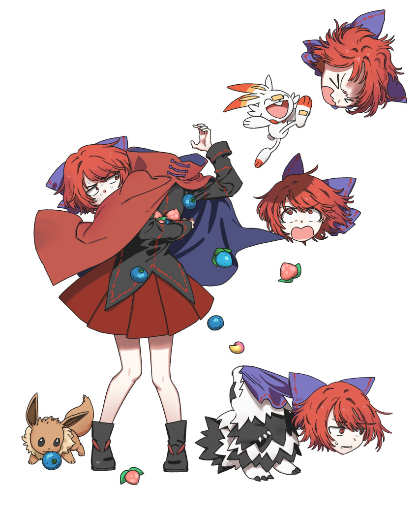 >_<, 1girl, alien_(psr992), berry_(pokemon), black_footwear, black_shirt, blue_bow, bow