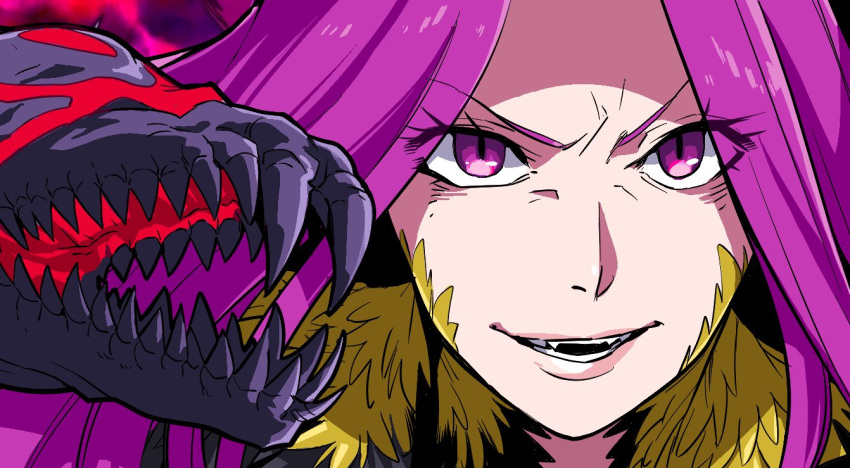 1girl, close-up, fate/grand_order, fate_(series), forehead, goeppe, gorgon_(fate), lips, long_hair, medusa_(fate), purple_hair, sharp_teeth, snake_hair, solo, teeth, violet_eyes