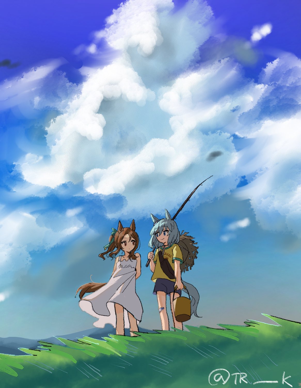 2girls, aged_down, animal_ears, arms_behind_back, bare_shoulders, blue_eyes, blue_hair, blue_shorts