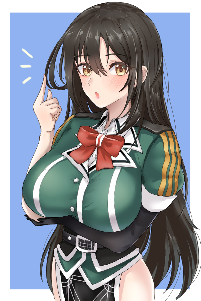 1girl, belt, black_hair, black_skirt, blue_background, breasts, brown_eyes, chamumi_(mochiumee), chikuma_(kancolle), chikuma_kai_ni_(kancolle), collared_shirt, crossed_arms, elbow_gloves, gloves, green_jacket, hair_between_eyes, jacket, kantai_collection, large_breasts, long_hair, looking_at_viewer, neck_ribbon, open_mouth, pelvic_curtain, ribbon, shirt, short_sleeves, side_slit, single_elbow_glove, single_glove, skirt, solo, white_background, white_shirt