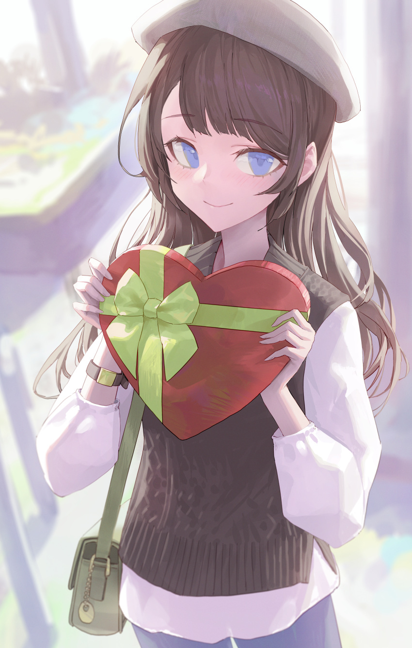 1girl, absurdres, bag, beret, blue_eyes, box, brown_hair, gstiyl