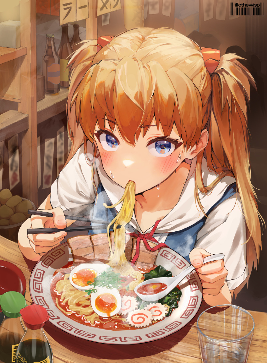 1girl, absurdres, beer_bottle, blue_eyes, blush, bottle, bowl, chopsticks