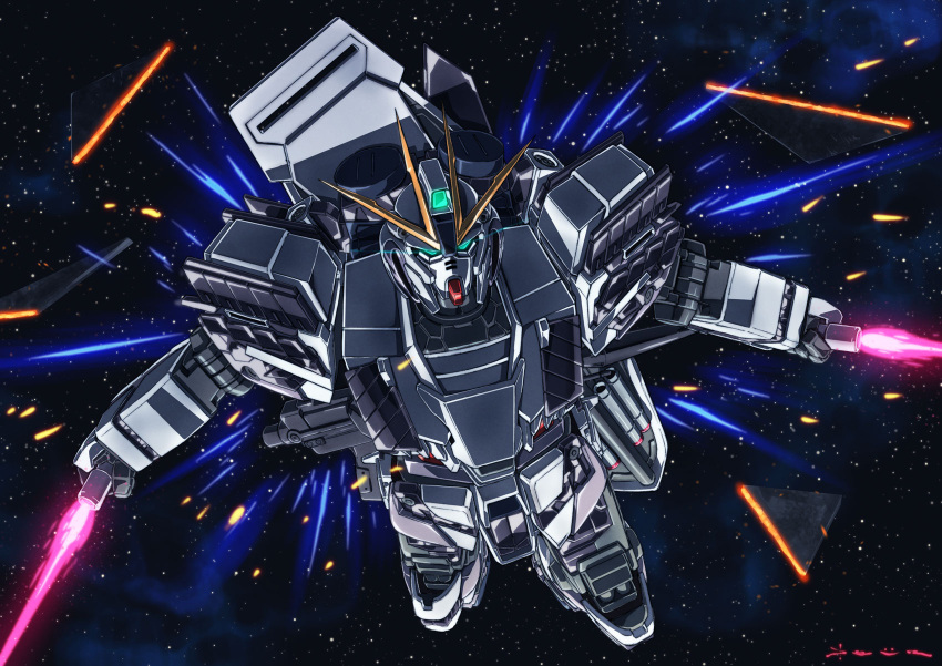 beam_saber, daue, dual_wielding, flying, green_eyes, gundam, gundam_narrative, highres, holding, holding_sword, holding_weapon, looking_at_viewer, mecha, mobile_suit, narrative_gundam, narrative_gundam_c-packs, no_humans, robot, science_fiction, signature, space, star_(sky), sword, v-fin, weapon