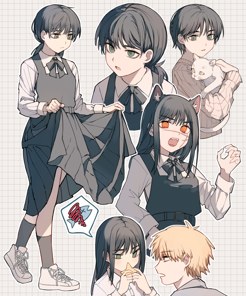 1boy, 2girls, absurdres, animal_ears, black_socks, blonde_hair, bow, bowtie