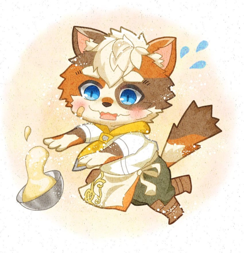 1boy, animal_ears, apron, bowl, cat_boy, cat_ears, cat_tail, character_request