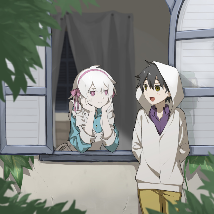 1boy, 1girl, :d, absurdres, against_wall, aged_down, apron, arms_behind_back