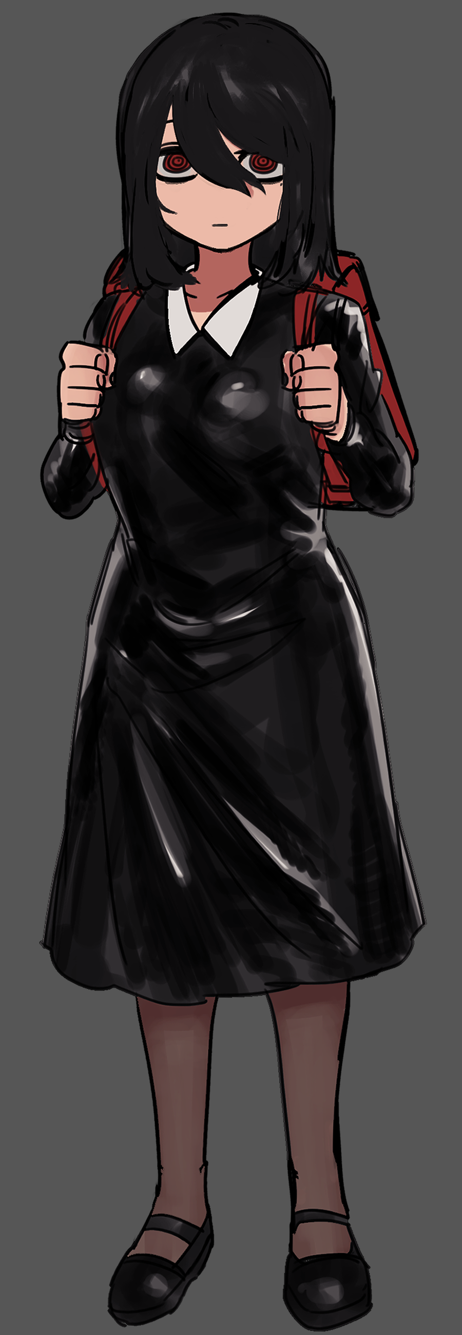 1girl, absurdres, backpack, bag, black_dress, black_hair, chainsaw_man, dress