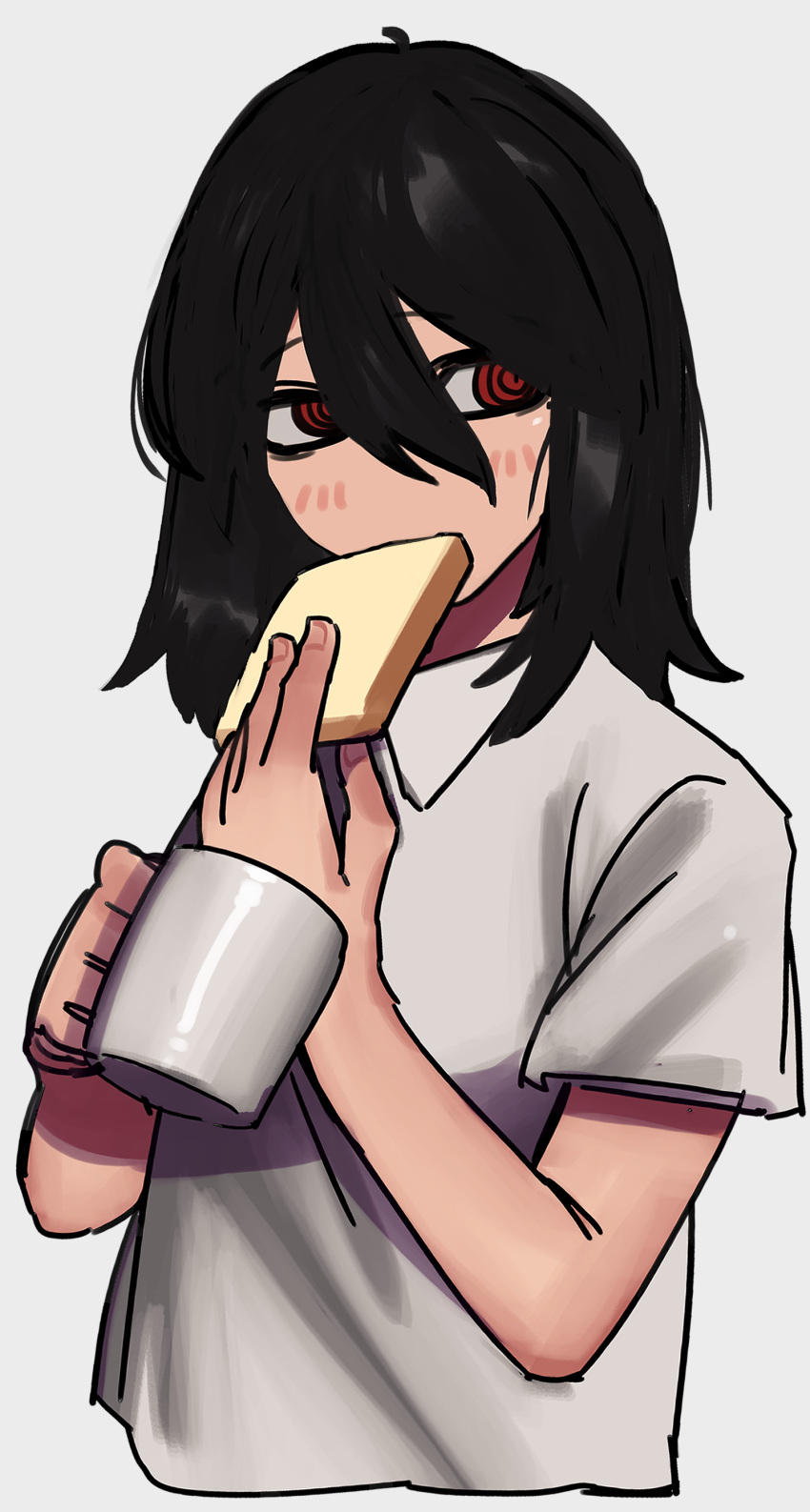 1girl, absurdres, black_hair, bread, chainsaw_man, cup, food, highres, holding, holding_cup, looking_to_the_side, mano_(manobece), mug, nayuta_(chainsaw_man), red_eyes, ringed_eyes, shirt, short_hair, simple_background, solo, white_background, white_shirt