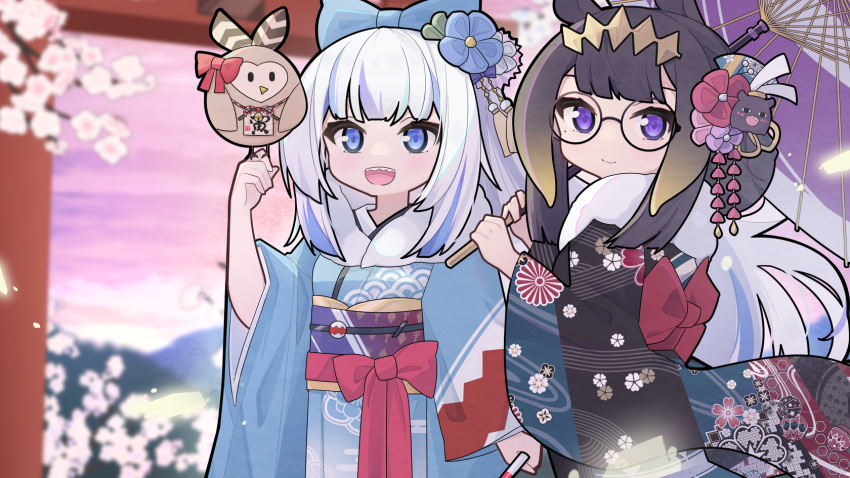 2girls, :d, animal_on_finger, bird, blue_eyes, blue_hair, blurry, blurry_background