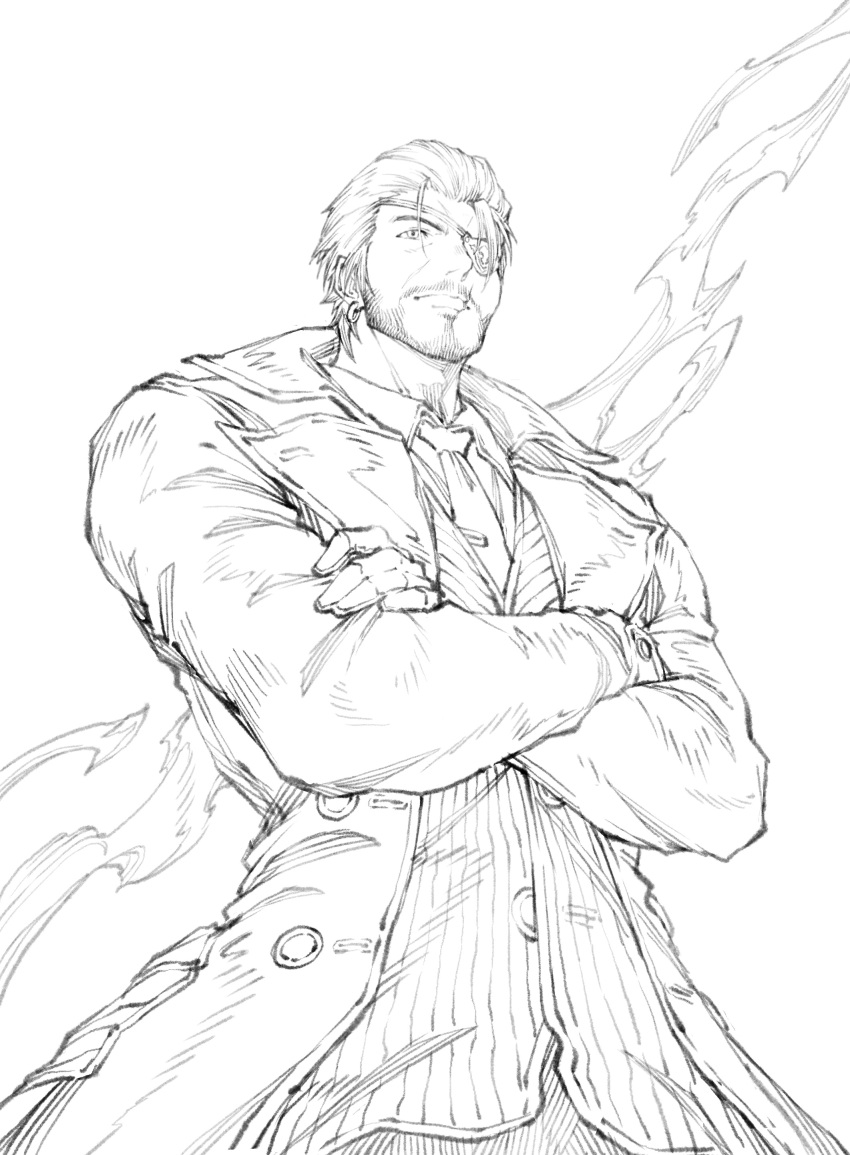 1boy, absurdres, avatar_(ff14), beard, buttons, coat, commentary, commission