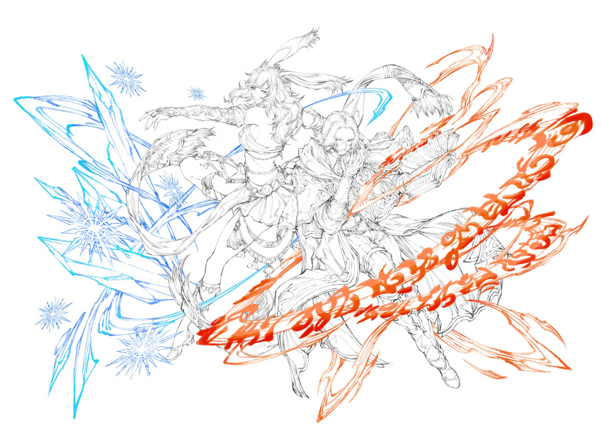 1boy, 1girl, absurdres, animal_ears, avatar_(ff14), beard, bridal_gauntlets, commentary